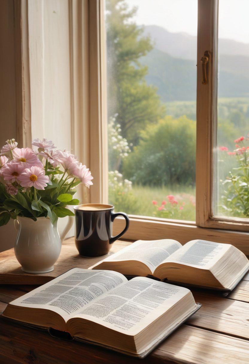 A serene morning scene featuring an open Bible on a wooden table, surrounded by a steaming cup of coffee, fresh flowers, and soft sunlight pouring through a window, symbolizing contemplation and spiritual growth. In the background, a beautiful nature landscape can be seen, illustrating harmony and peace. soft and warm color palette. painting.