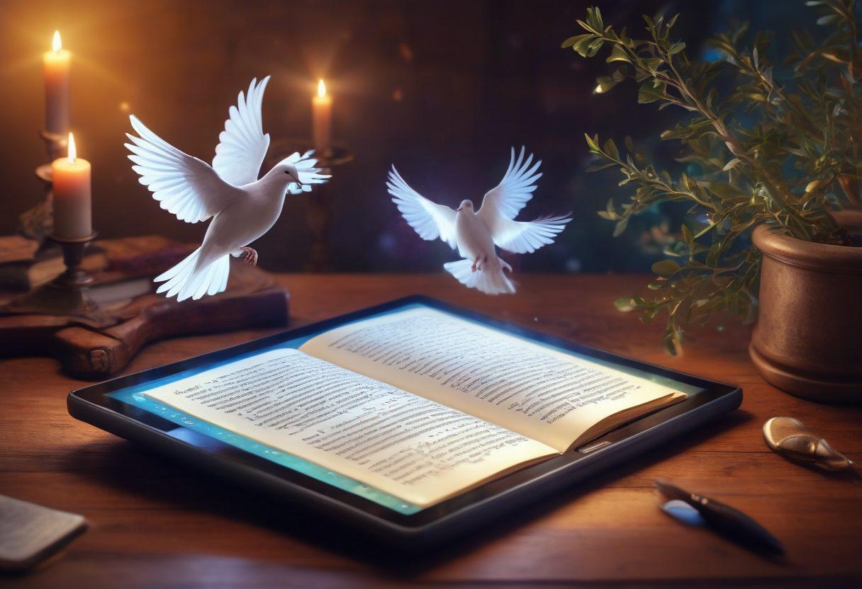 A modern digital workspace with an open laptop displaying vibrant scripture verses, surrounded by glowing spiritual symbols like doves and olive branches. Include a hand holding a tablet that projects a holographic Bible, while soft light illuminates the scene, conveying a sense of enlightenment and divine connection. super-realistic. vibrant colors. ethereal lighting.