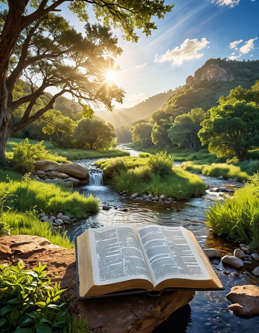 A serene scene depicting an open Bible with warm sunlight illuminating its pages, surrounded by nature—lush green trees and a gentle stream flowing nearby. In the background, a peaceful landscape of rolling hills and a clear blue sky, along with ethereal light rays symbolizing spiritual insights. Include a subtle digital element, like a tablet or smartphone with Bible verses, representing online resources. super-realistic. vibrant colors. tranquil atmosphere.